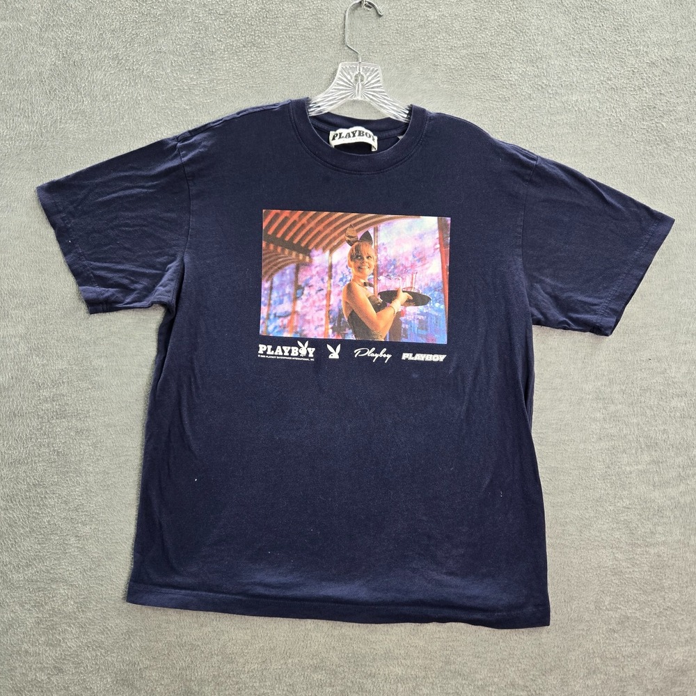 Playboy By Pacsun Men Shirt Large Blue Bunny Girl Graphic Short Sleeve Crew Neck